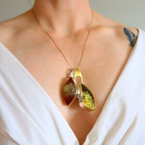 Tomosz Artszok Handmade Baltic Amber Pendant Necklace - Sterling Silver 14k Gold
